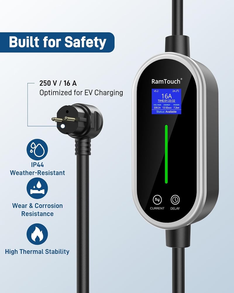 RamTouch Type 2 Schuko elektromos autó töltőkábel 3.68 kW 15.5m kijelzővel