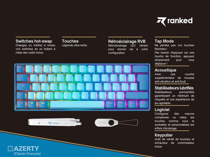Ranked S60 Supernova 60% Mechanikus Gamer Billentyűzet RGB, Hotswap, AZERTY, Gateron Yellow