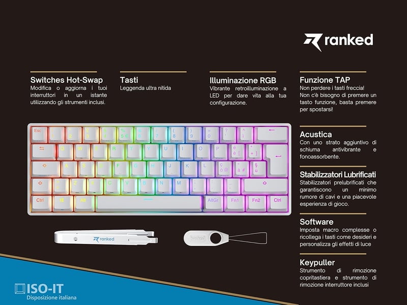 Ranked S60 Supernova 60% Mechanikus Gamer Billentyűzet RGB Világítás Hotswap Olasz Kiosztás Fehér