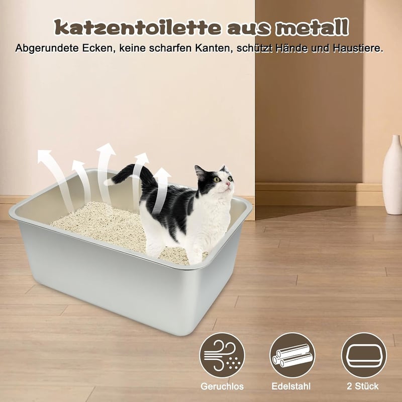 RANYPET Nagy macskaalom tálca rozsdamentes acél, nyitott, 2 db, 50 x 35 x 20 cm, nagy macskáknak és nyulaknak, könnyen tisztítható