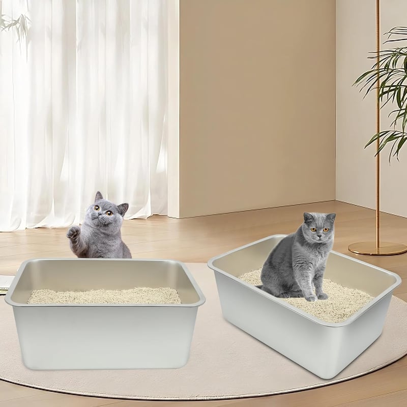 RANYPET Nagy macskaalom tálca rozsdamentes acél, nyitott, 2 db, 50 x 35 x 20 cm, nagy macskáknak és nyulaknak, könnyen tisztítható
