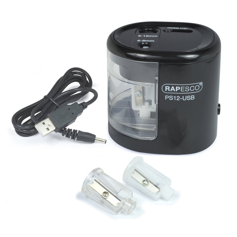 Rapesco 1449 PS12-USB Automatický elektrický strúhadlo na ceruzky, na USB a batérie, čierne