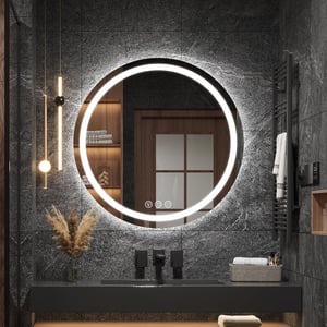 Ratsamee 60 cm okrúhle kúpeľňové nástenné zrkadlo s predným LED osvetlením, funkciou proti zahmlievaniu, stmievaním a 3 nastaviteľnými teplotami farieb svetla