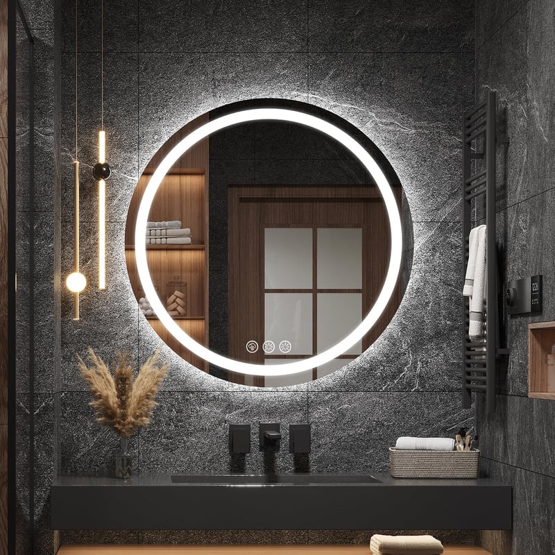 Ratsamee 60 cm okrúhle kúpeľňové nástenné zrkadlo s predným LED osvetlením, funkciou proti zahmlievaniu, stmievaním a 3 nastaviteľnými teplotami farieb svetla