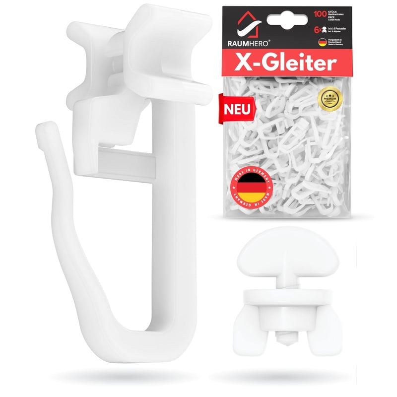 Súprava klzákov na záclonové koľajnice Raumhero X-Gleiter, 100 ks, štandardná veľkosť 6 mm, so 6 zarážkami, biela, vyrobené v Nemecku
