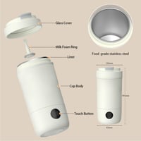 Cestovná rýchlovarná kanvica Rauwseul 400 ml s napeňovačom studeného a teplého mlieka, 3 stupne miešania, 6 teplotných úrovní, dotykové ovládanie, nehrdzavejúca oceľ 304, 350 W, mlieko/káva/proteín 7