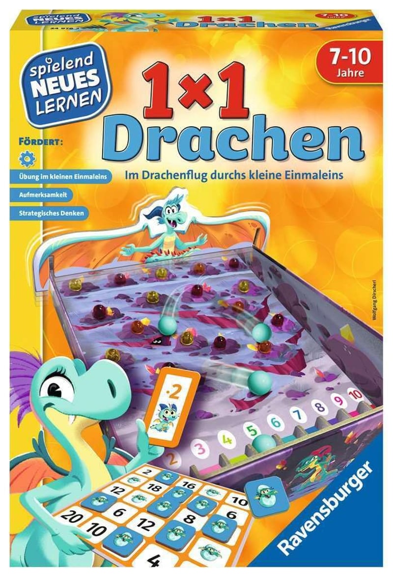 Ravensburger 24976 1x1 Drachen matematická spoločenská hra pre deti od 7 do 10 rokov, 2-4 hráči, náučná hra na precvičovanie násobilky, číselný rozsah 1-100