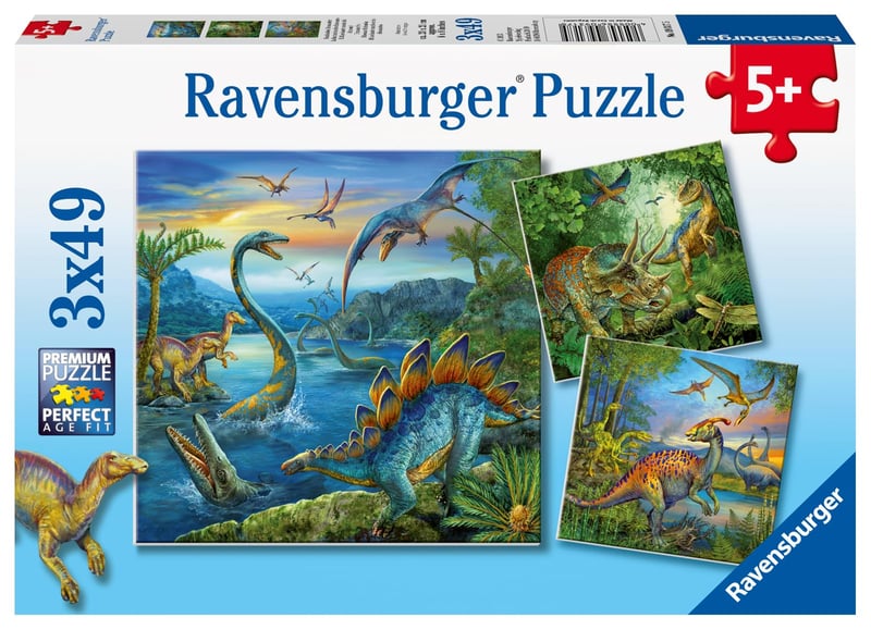 Ravensburger Faszination Dinosaurus 09317 detské puzzle 3x49 dielikov s mini plagátom, od 5 rokov
