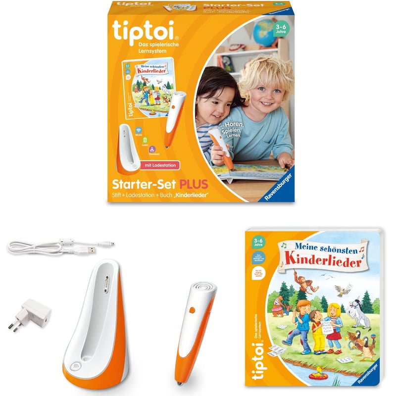 Ravensburger tiptoi Štartovacia sada Plus 00159 Pero a kniha Najkrajšie detské pesničky s nabíjacou stanicou, súprava od 3 rokov