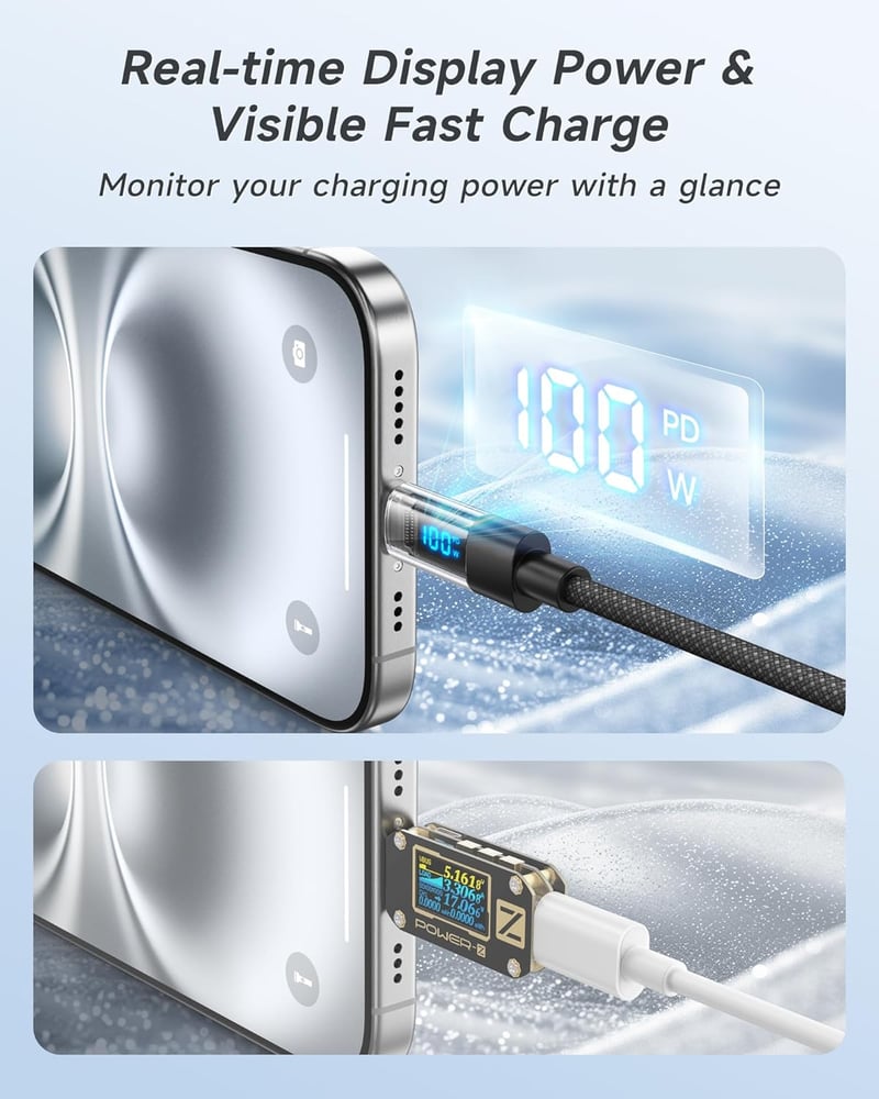 RAVIAD 100W USB-C kábel 2db 1m gyorstöltő PD QC3.0 LED kijelzővel iPhone Galaxy MacBook