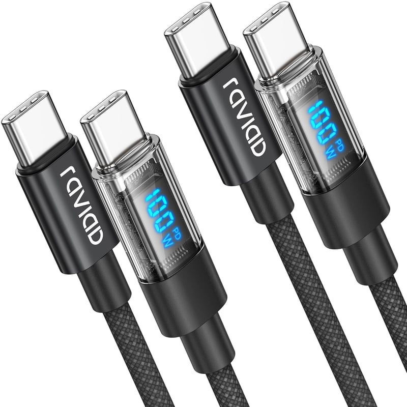RAVIAD 100W USB-C kábel 2db 1m gyorstöltő PD QC3.0 LED kijelzővel iPhone Galaxy MacBook