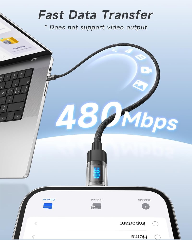RAVIAD 100W USB-C kábel 2db 1m gyorstöltő PD QC3.0 LED kijelzővel iPhone Galaxy MacBook