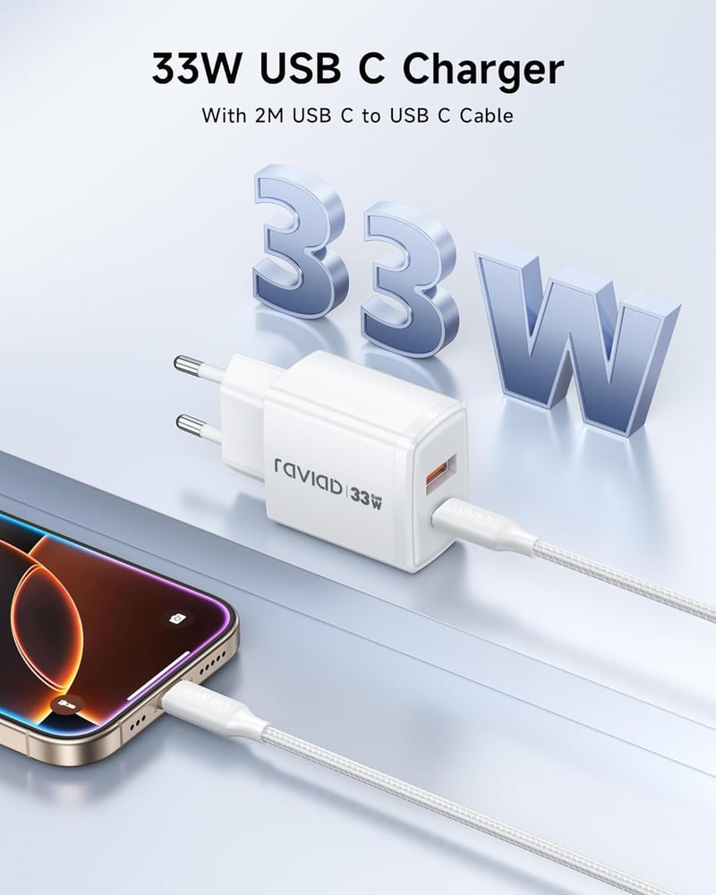 RAVIAD 33W USB-C Gyors Töltő GaN, 2 Port + 2m Kábel iPhone iPad MacBook Samsung