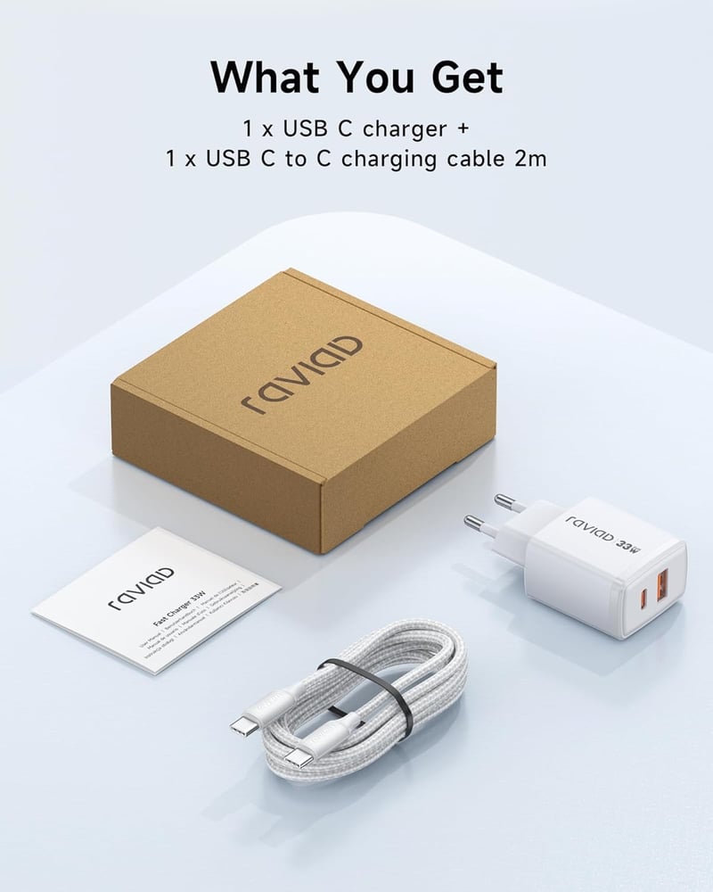 RAVIAD 33W USB-C Gyors Töltő GaN, 2 Port + 2m Kábel iPhone iPad MacBook Samsung