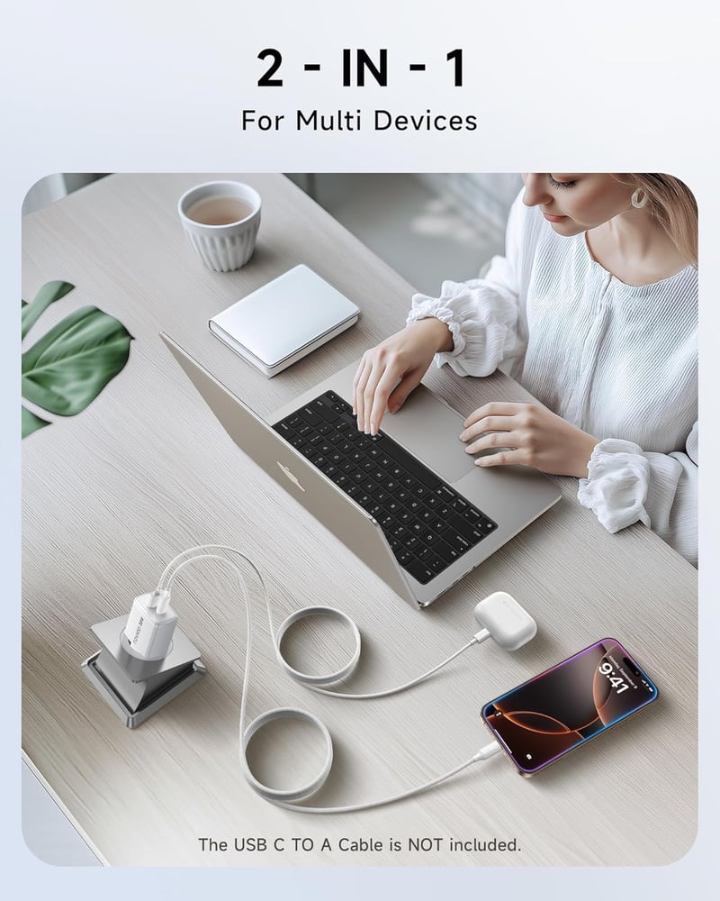 RAVIAD 33W USB-C Gyorstöltő 2 db GaN Technológia 2 Port iPhone 16 Galaxy S25 MacBook