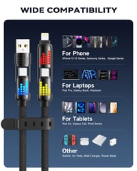 RAVIAD 4 v 1 viacúčelový USB nabíjací kábel 2 m, 240 W, RGB LED, USB-C/USB-A na Lightning a Type-C, iPhone 16/15/14, Samsung S24, Huawei, MacBook 7