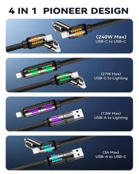 RAVIAD 4 v 1 viacúčelový USB nabíjací kábel 2 m, 240 W, RGB LED, USB-C/USB-A na Lightning a Type-C, iPhone 16/15/14, Samsung S24, Huawei, MacBook 2