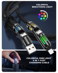 RAVIAD 4 v 1 viacúčelový USB nabíjací kábel 2 m, 240 W, RGB LED, USB-C/USB-A na Lightning a Type-C, iPhone 16/15/14, Samsung S24, Huawei, MacBook 6