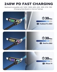 RAVIAD 4 v 1 viacúčelový USB nabíjací kábel 2 m, 240 W, RGB LED, USB-C/USB-A na Lightning a Type-C, iPhone 16/15/14, Samsung S24, Huawei, MacBook 3