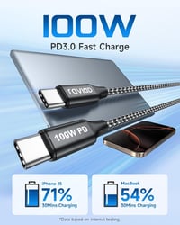 RAVIAD USB-C kábel 2db 15cm 100W gyorstöltés iPhone Samsung MacBook 2