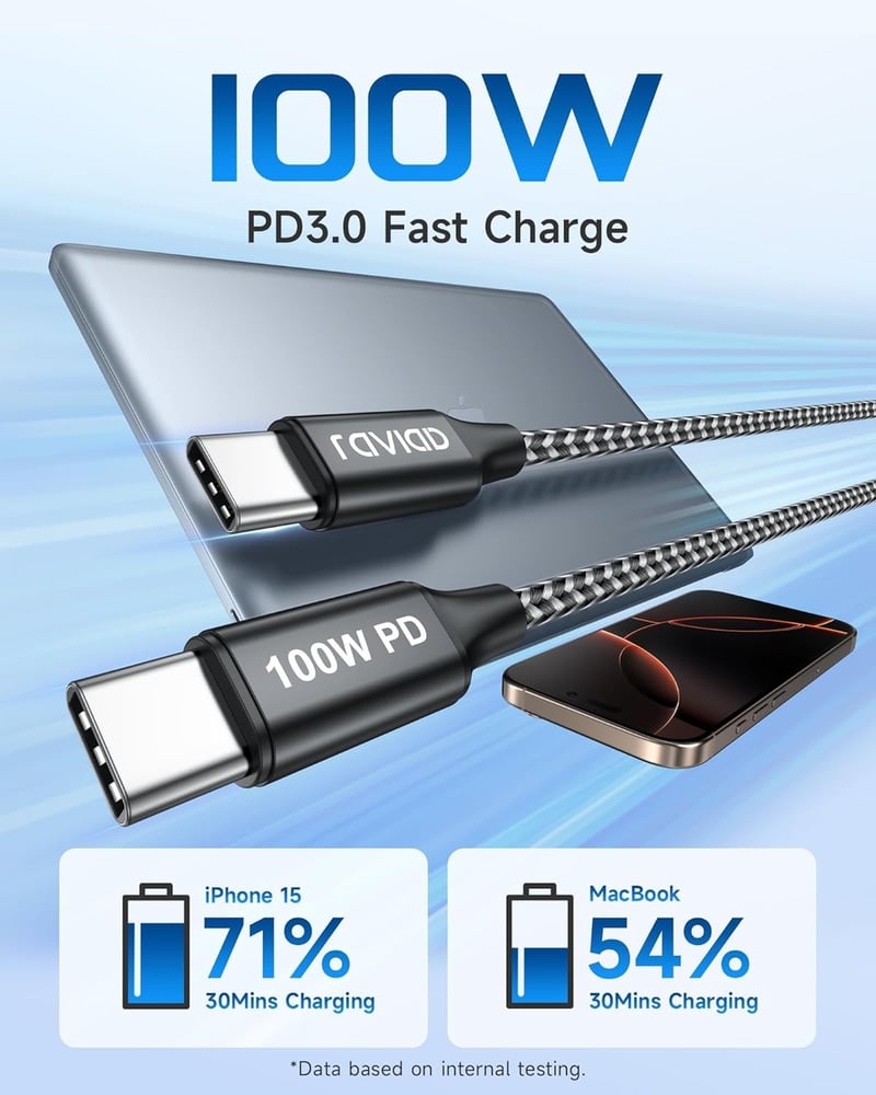 RAVIAD USB-C kábel 2db 15cm 100W gyorstöltés iPhone Samsung MacBook