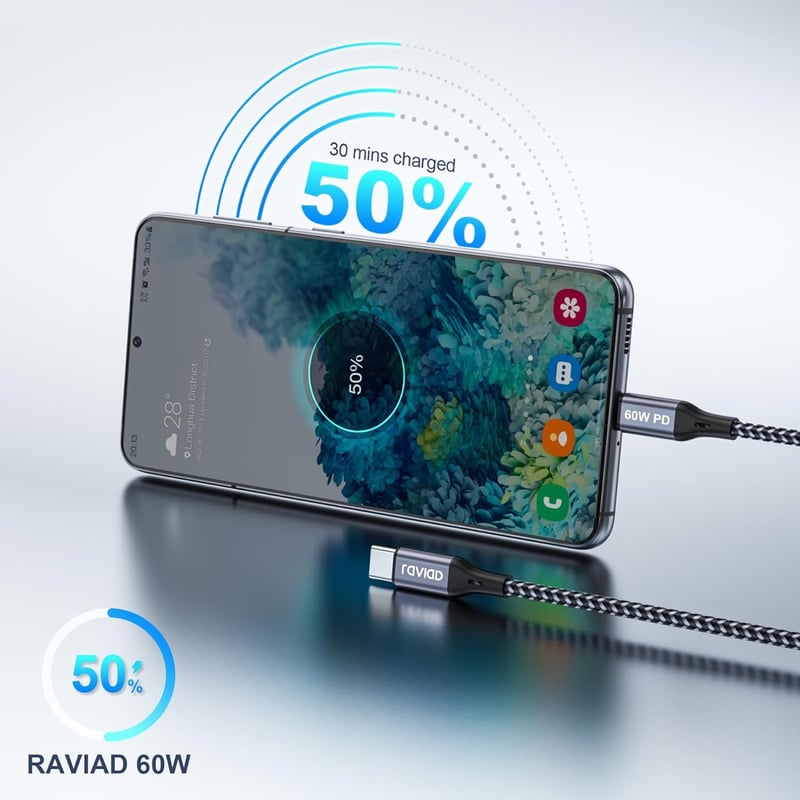 RAVIAD USB-C kábel 2m, 60W gyorstöltés iPhone 15/Pro/Max, MacBook, Samsung