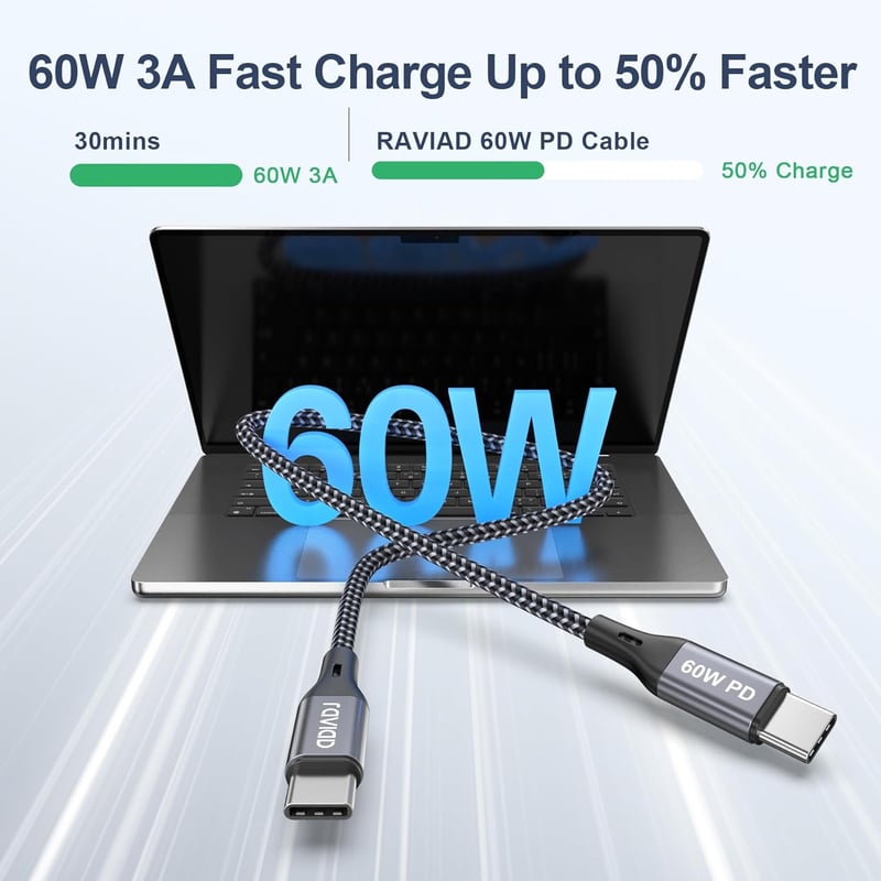 RAVIAD USB-C kábel 2m, 60W gyorstöltés iPhone 15/Pro/Max, MacBook, Samsung