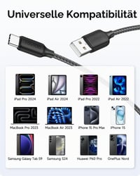 RAVIAD USB-C – USB-A kábel 3 m, 3.1A rýchlonabíjací kábel, kompatibilný s QC3.0, dlhý nabíjací kábel 7