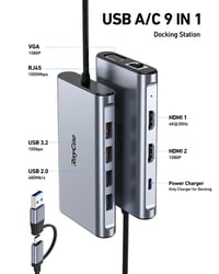 RayCue dokovacia stanica 9 v 1 USB-C/USB-A s podporou duálneho/trojitého monitora, 2x HDMI, VGA, 10Gbps USB 3.1, Gigabit Ethernet, pre MacBook a Windows 2