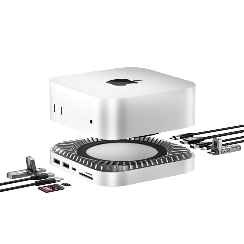 Dokovacia stanica RayCue Mac Mini M4 s hliníkovým stojanom, HDMI rozbočovačom, krytom na SSD a nabíjaním cez USB-C