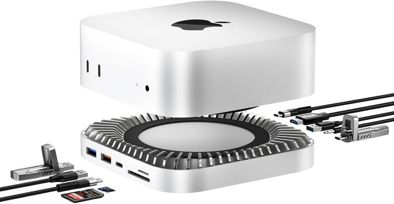 RayCue Mac Mini M4 dokkoló alumínium állvánnyal, HDMI hub, SSD ház és USB-C töltéssel