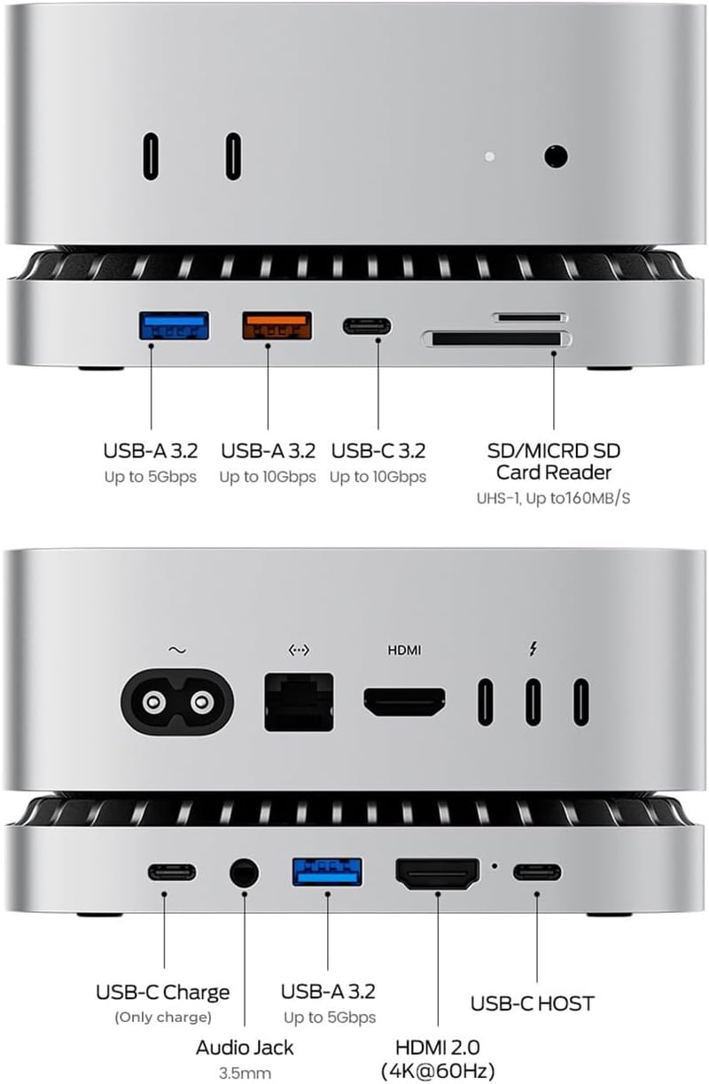 RayCue Mac Mini M4 dokkoló alumínium állvánnyal, HDMI hub, SSD ház és USB-C töltéssel