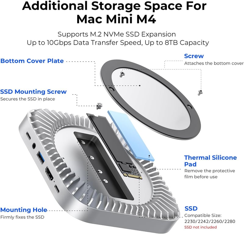 RayCue Mac Mini M4 dokkoló alumínium állvánnyal, HDMI hub, SSD ház és USB-C töltéssel