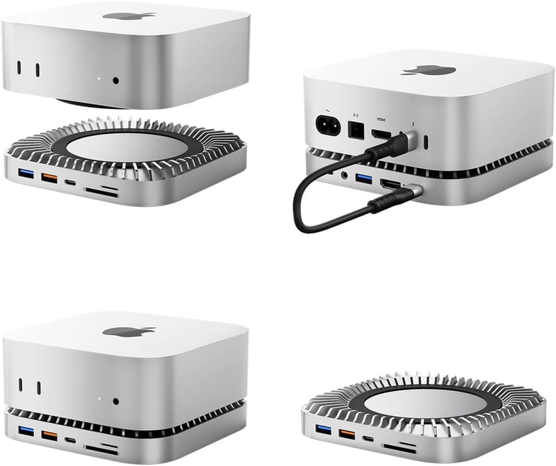 RayCue Mac Mini M4 dokkoló alumínium állvánnyal, HDMI hub, SSD ház és USB-C töltéssel