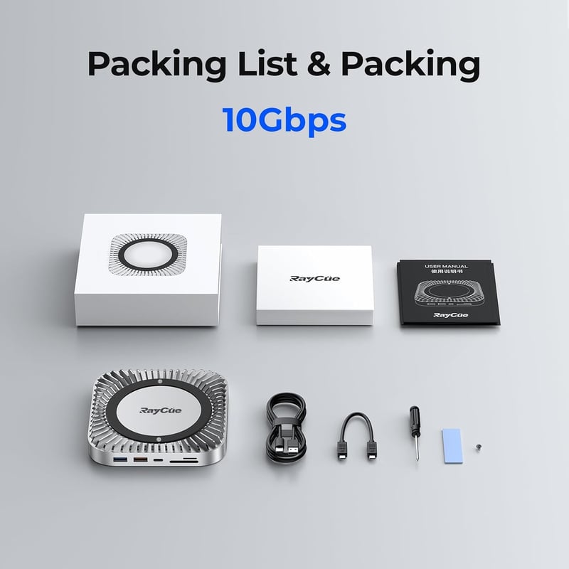 RayCue Mac Mini M4 dokkoló alumínium állvánnyal, HDMI hub, SSD ház és USB-C töltéssel