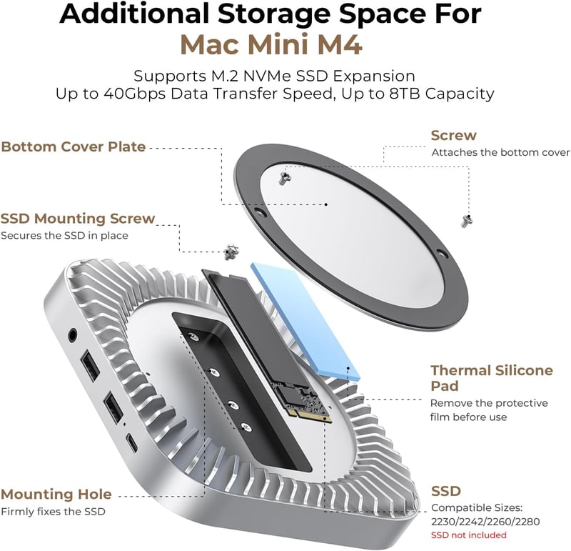 RayCue Mac Mini M4/M4 Pro alumínium hub állvánnyal, NVMe SSD tárolóval, USB-A, USB-C és audio jack