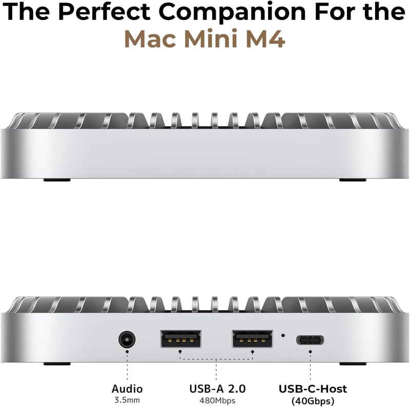 RayCue Mac Mini M4/M4 Pro alumínium hub állvánnyal, NVMe SSD tárolóval, USB-A, USB-C és audio jack