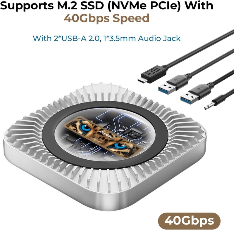 RayCue Mac Mini M4/M4 Pro alumínium hub állvánnyal, NVMe SSD tárolóval, USB-A, USB-C és audio jack