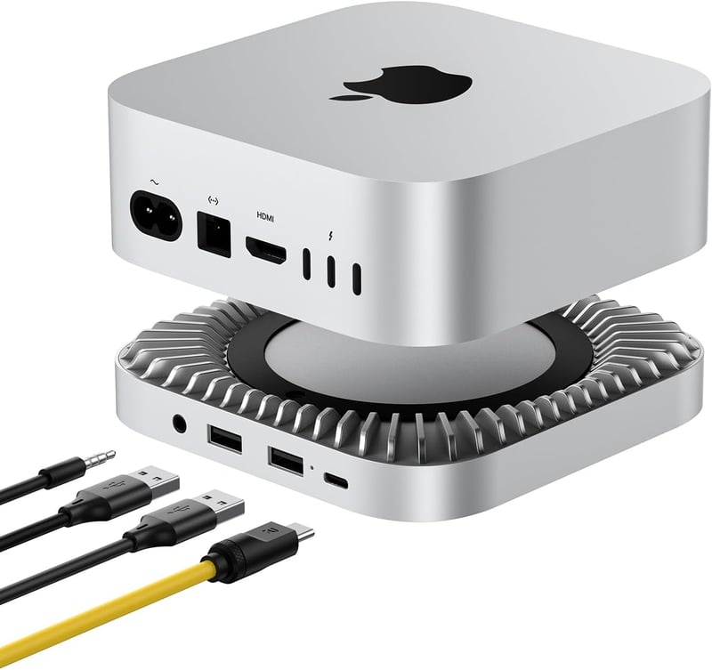 RayCue Mac Mini M4/M4 Pro alumínium hub állvánnyal, NVMe SSD tárolóval, USB-A, USB-C és audio jack