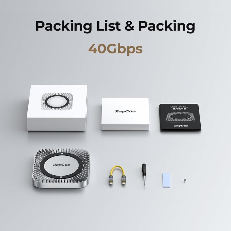RayCue Mac Mini M4/M4 Pro alumínium hub állvánnyal, NVMe SSD tárolóval, USB-A, USB-C és audio jack