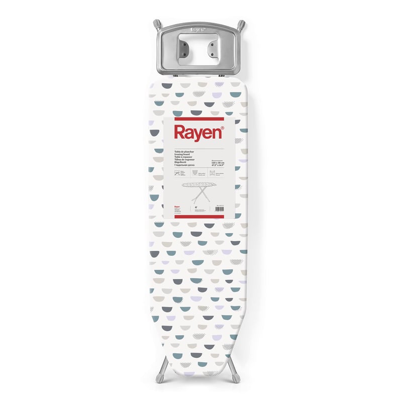 Masă de călcat Rayen Basic cu suprafață din plasă metalică, înălțime reglabilă, suport pentru fierul de călcat, model gri/alb, 120 x 38 cm
