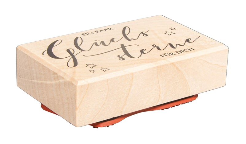 Ștampilă din lemn Rayher „Stele norocoase” 5 x 8 cm, Alb, pentru decorarea felicitărilor, plicurilor și cadourilor, ștampilă cu motiv și text, 29215000