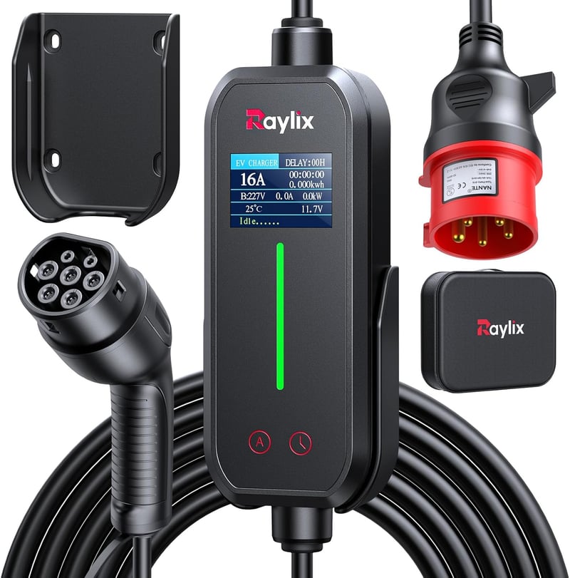 Raylix 11 kW mobil töltődoboz Type 2 kábellel, 7m, 3 fázis, áramszabályozás