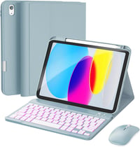 RAYMCRAFT iPad 10. generáció billentyűzetes tok egérrel, 7 színű háttérvilágítás, ceruza tartó, világos kék 1