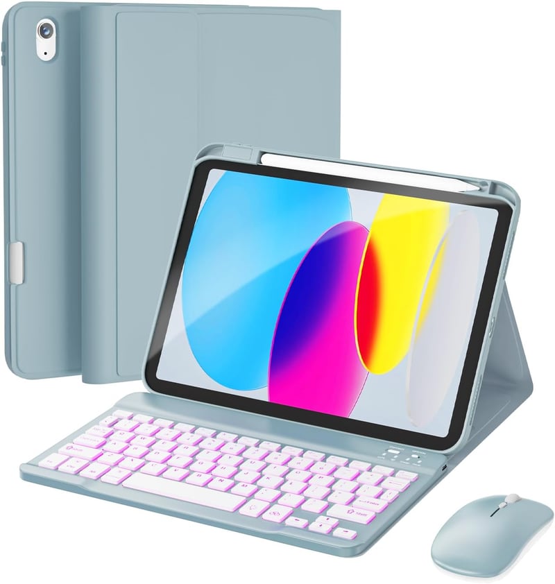 RAYMCRAFT iPad 10. generáció billentyűzetes tok egérrel, 7 színű háttérvilágítás, ceruza tartó, világos kék