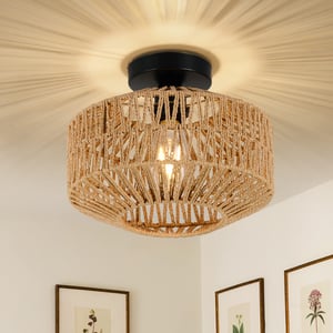 Rayofly Boho Rattan Mennyezeti Lámpa Fekete - Vintage Bambusz Fonott Ernyő, Rusztikus Függőlámpa Nappaliba, Hálószobába, Konyhába, Előszobába