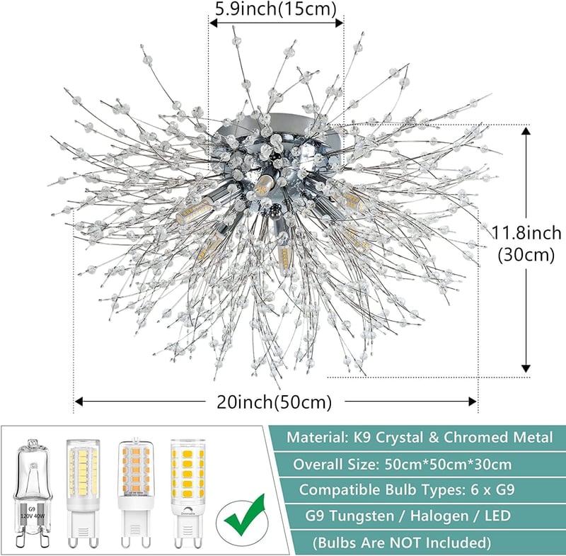 Rayofly Modern Kristály Mennyezeti Lámpa - 50cm Tűzijáték Dizájn, 6 Izzós Csillár, Króm Fém, Fényerőszabályozható, Nappali, Hálószoba, Étkez
