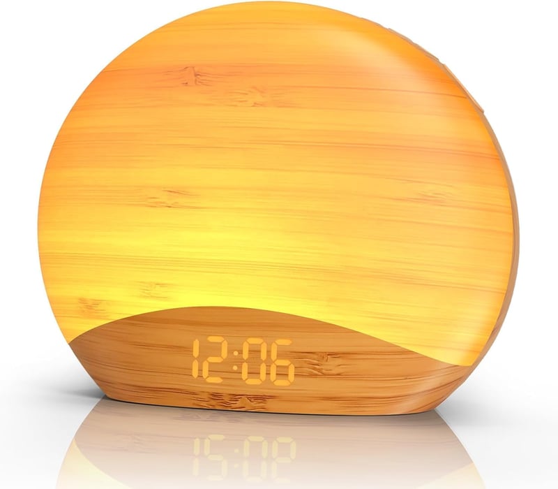 REACHER Ébresztőóra Napfelkelte Fénnyel, Dimmer, 26 Hang, Fa Éjjeli Lámpa