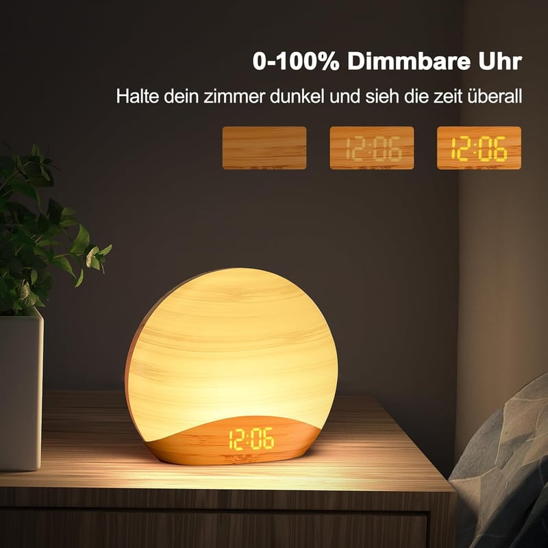 REACHER Ébresztőóra Napfelkelte Fénnyel, Dimmer, 26 Hang, Fa Éjjeli Lámpa