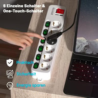 Prelungitor Realmade cu 6 prize, cu întrerupător individual, cablu de 5 m și ștecher plat, alb, pentru aparate electrocasnice 6